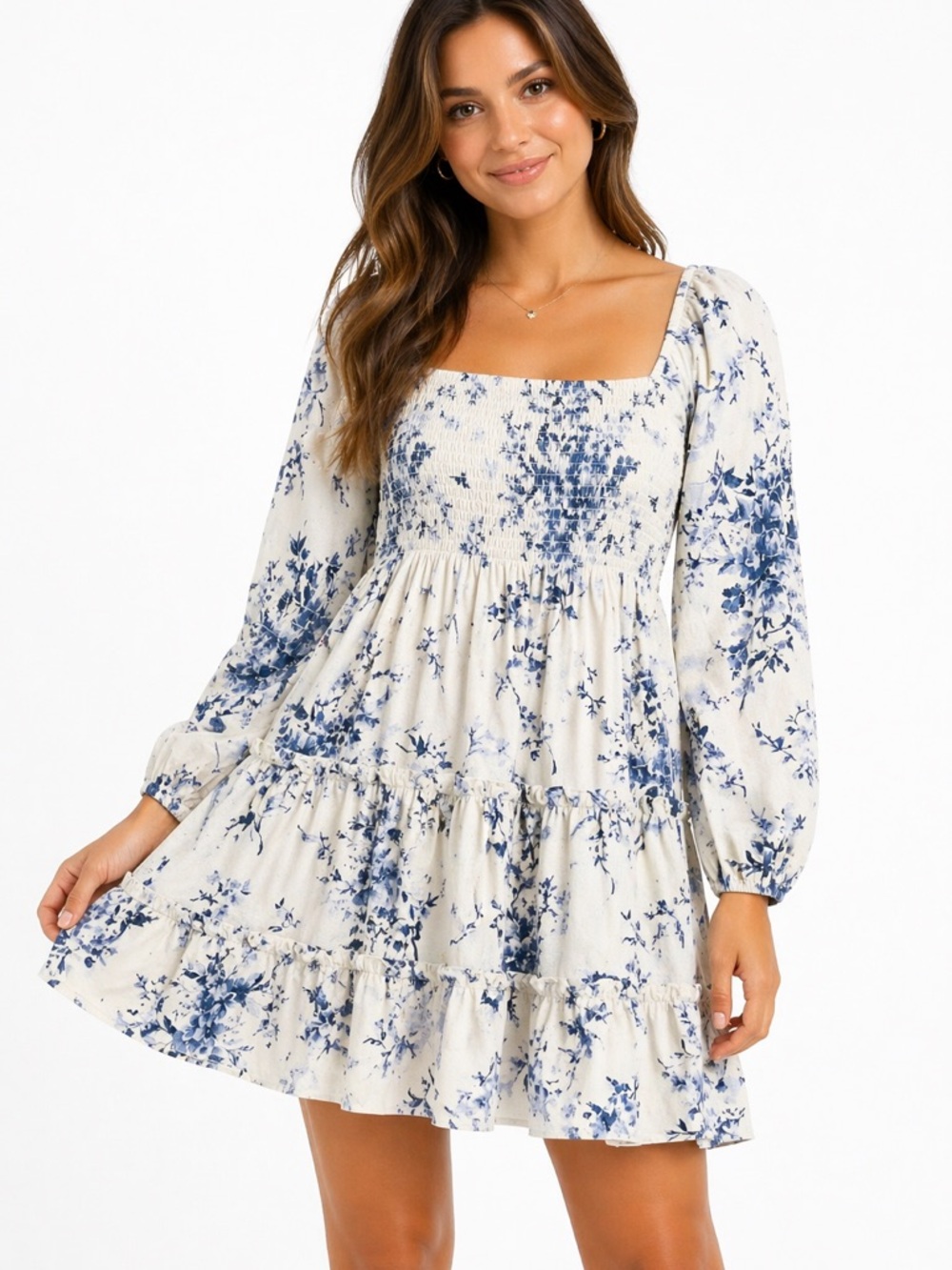 ALTAR’D STATE Blue Floral Smocked Mini Dress Puff Sleeve‎ Cottagecore Feminine
